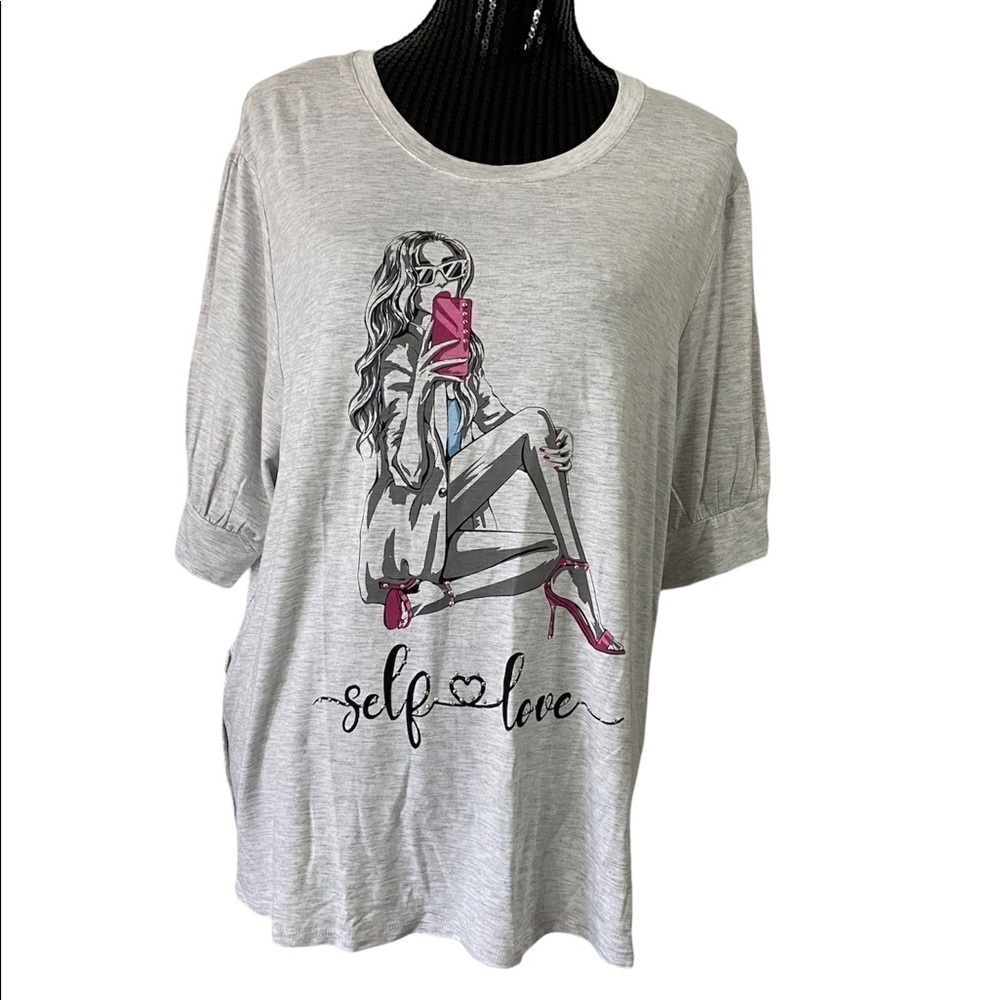 Love + Lace Gray Stretch Puff Sleeve Boutique Top Self Love Size 3X NWT